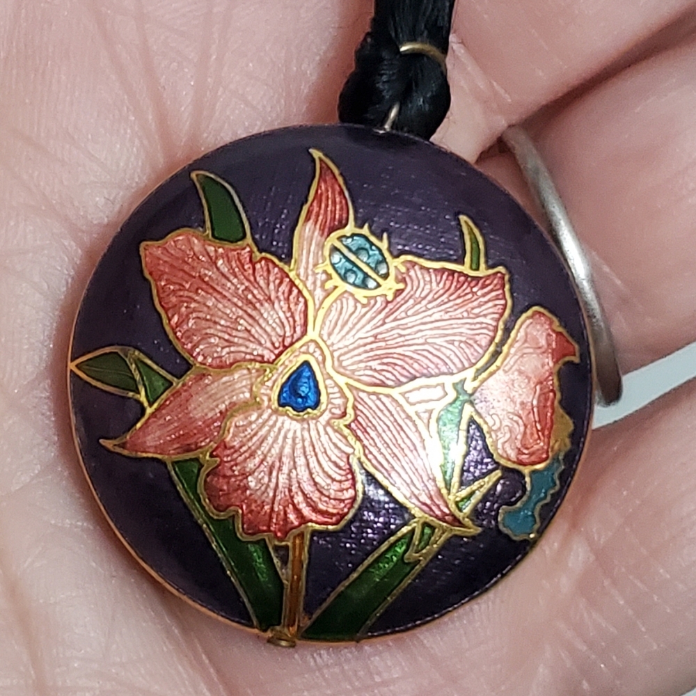 Vintage cloisonne necklace Purple Pink Floral, Lady Bug 24" Satin rope necklace